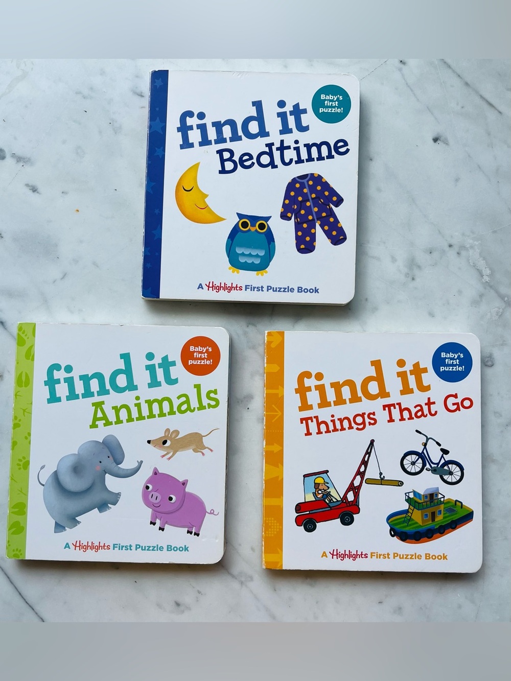 Highlights Find It Baby Board Books, Set of 3 - Animals, Bedtime, Things That Go